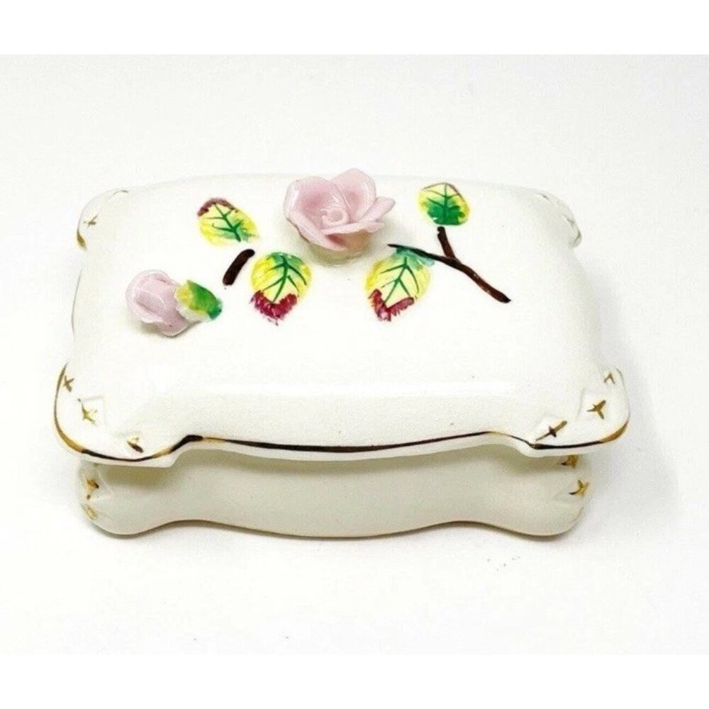 Vintage Japan Porcelain Trinket Jewelry Box w/ Rose Applied Flowers & Inserts